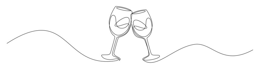 Two wine glasses cheering single line drawing