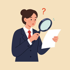 Businesswoman examining document with magnifying glass in suit and tie with question mark above head vector illustration 