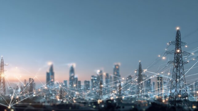City skyline with power lines and network connections