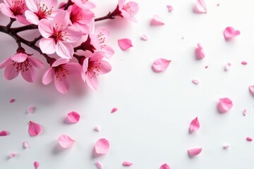 Vibrant pink sakura branches, scattered petals, white background , petal, japanese pattern, flower