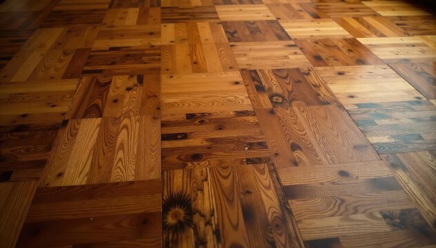 Wooden parquet floor with intricate inlay pattern, contemporary, gold