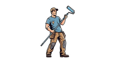 Professional house painter ready for the job with his roller, ideal for home improvement, skilled trades, construction, and real estate projects needing renovation expertise