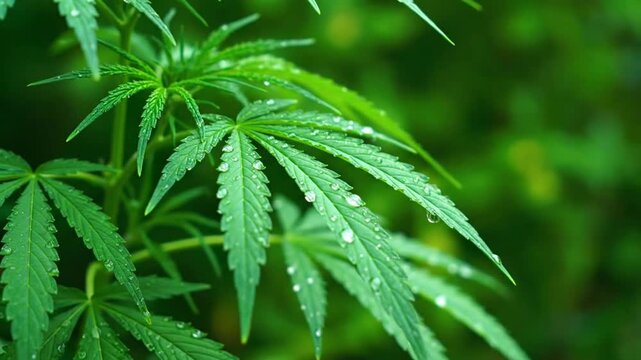 Close Up of Green Cannabis Plant Leaves with Water Droplets.