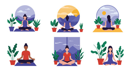 people practicing yoga in various serene natural settings