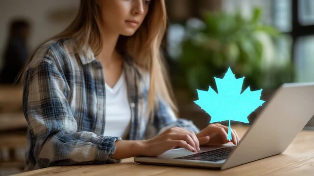 A woman is typing on a laptop. Young female office worker analyzing digital economy services tax data on laptop with small maple leaf icon overlay, bright natural editorial Canada