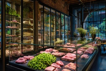 Interior of a meat market with refrigerated displays