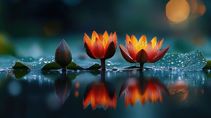 Vibrant lotus blossoms reflected in still water