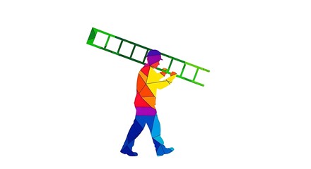 Vibrant geometric roofer carrying ladder for home improvement projects or skilled trades advertising and construction industry visuals with a modern, bold design