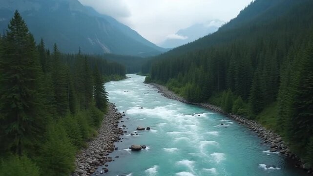 Flight over a mountain river. Shot on FPV drone. British Columbia, Canada.