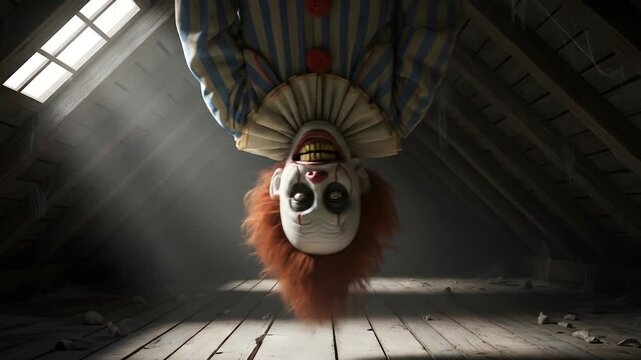 Scary clown hanging upside down in dark attic