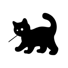 Stylized black cat silhouette walking with whisker on white background
