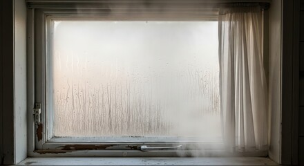 Steamy Windowpane with Sheer Curtain and Aged Frame