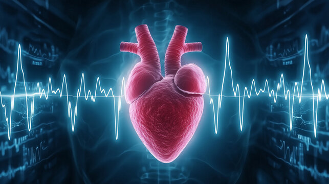 Vibrant heart illustration with heartbeat waveform in background, symbolizing life and vitality. image conveys sense of rhythm and energy