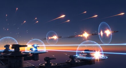 Futuristic Battle Scene Depicting Energy Shields and Missile Barrage in Space