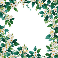 Naklejka premium Floral frame of white blossoms and dark green leaves. A circular border of delicate white flowers and lush greenery, creating a void at the center
