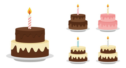 various cakes with candles and colorful frosting displayed