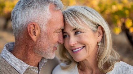 Fototapeta premium Couple enjoying a romantic moment in a vineyard during golden hour in autumn