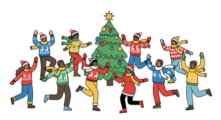 A diverse group of joyful children celebrates the festive winter holidays by dancing happily around a beautifully decorated Christmas tree.