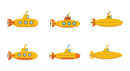 six colorful submarines floating in an imaginary ocean scene