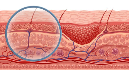 Human skin anatomy showing epidermis, dermis, and hypodermis layers under magnification for educational purposes