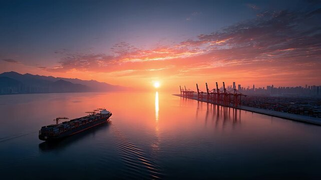 Cargo Ship Entering Port for Loading and Unloading at Sunset