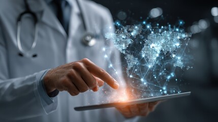 Doctor using tablet analyzing human chest x-ray hologram for diagnosis and treatment planning in modern hospital