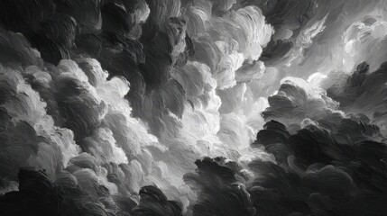 Dramatic black and white storm clouds swirl above, with a bright light emanating from the center, creating an ethereal and powerful atmosphere