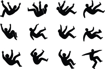 Set of Falling People Silhouettes in Various Poses Vector with on white background