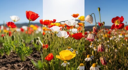 Colorful Poppy Field Collage: Growth, Bloom, and Decay in a Sunny Meadow