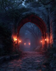 Ancient archway, misty path