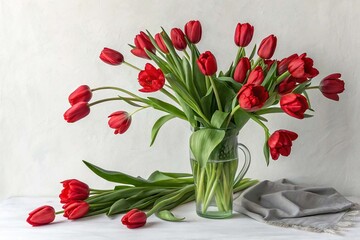 Bouquet of red flowers tulips in vase isolated on white background