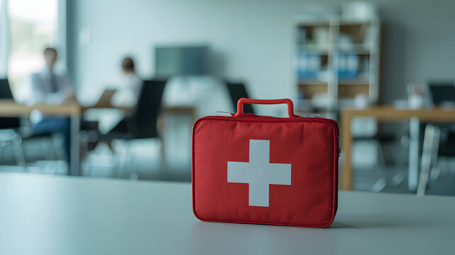 A red first aid kit with a white cross symbol is placed on a desk in an office environment, symbolizing emergency preparedness and medical care