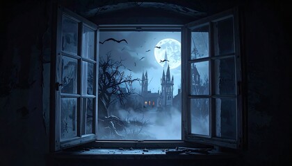 Night scene from a window. Bats and a full moon shine on a gothic building. Creepy and foreboding with a sense of mystery