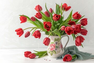 Bouquet of red flowers tulips in vase isolated on white background