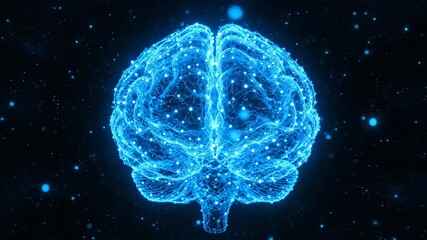 Futuristic digital animation of a glowing blue neural network brain in a dark starry space environment, showcasing intricate synapses and connections, symbolizing advanced technology and artificial - Powered by Adobe
