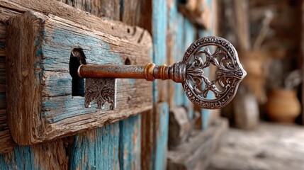 Antique key in weathered wooden door