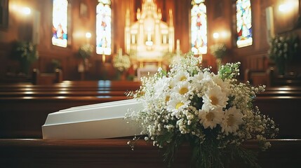 White flowers and casket in church