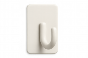Studio shot of a white plastic adhesive hook, isolated on a transparent background, ready for easy integration into design projects