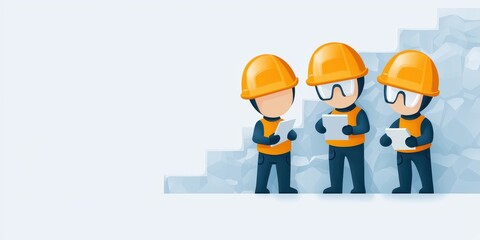 Three cartoon construction workers in hard hats discuss plans on a light background, emphasizing teamwork and safety in the construction industry.