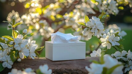 White tissue box among spring blossoms