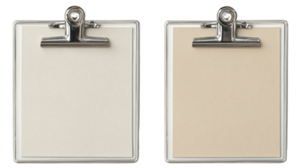 Two blank clipboards, one light beige, the other off-white.  Metal clips.  Plain backgrounds