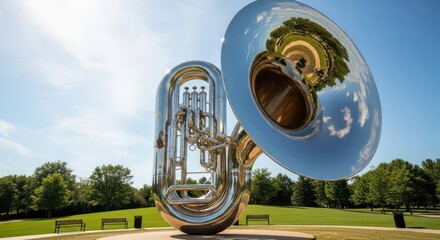 Giant Tuba Sculpture Reflecting Park Scenery Under a Bright Blue Sky