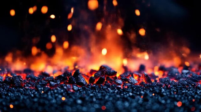 Hot coals with glowing embers, blurred bokeh lights in dark background
