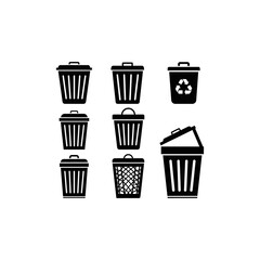 A collection of black and white vector icons depicting various trash cans and recycling bins, some with lids.