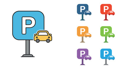 colorful parking signs with cars parked under them