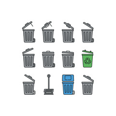 A collection of illustrated trash cans and a plunger, depicting various designs and a recycling bin with a green symbol.