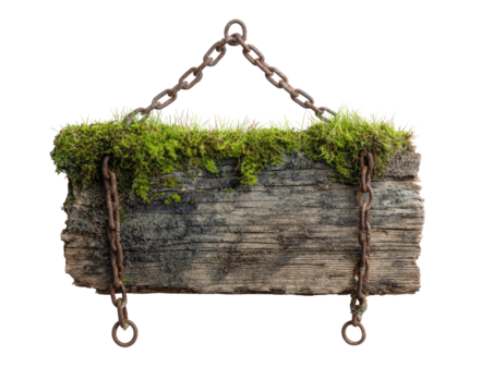 Rustic wooden sign with moss and chains