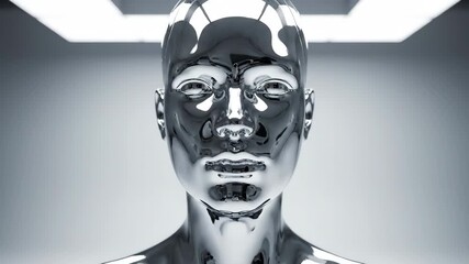 Futuristic chrome humanoid bust in minimalistic white room with soft lighting, showcasing reflective metallic surface and abstract design, emphasizing modern technology and artificial intelligence - Powered by Adobe