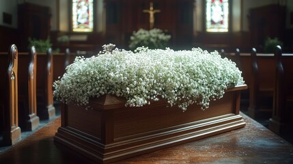 Wooden altar decorated with white flowers in a church