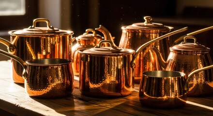 Sunlit Copper Cookware Collection on Rustic Wood